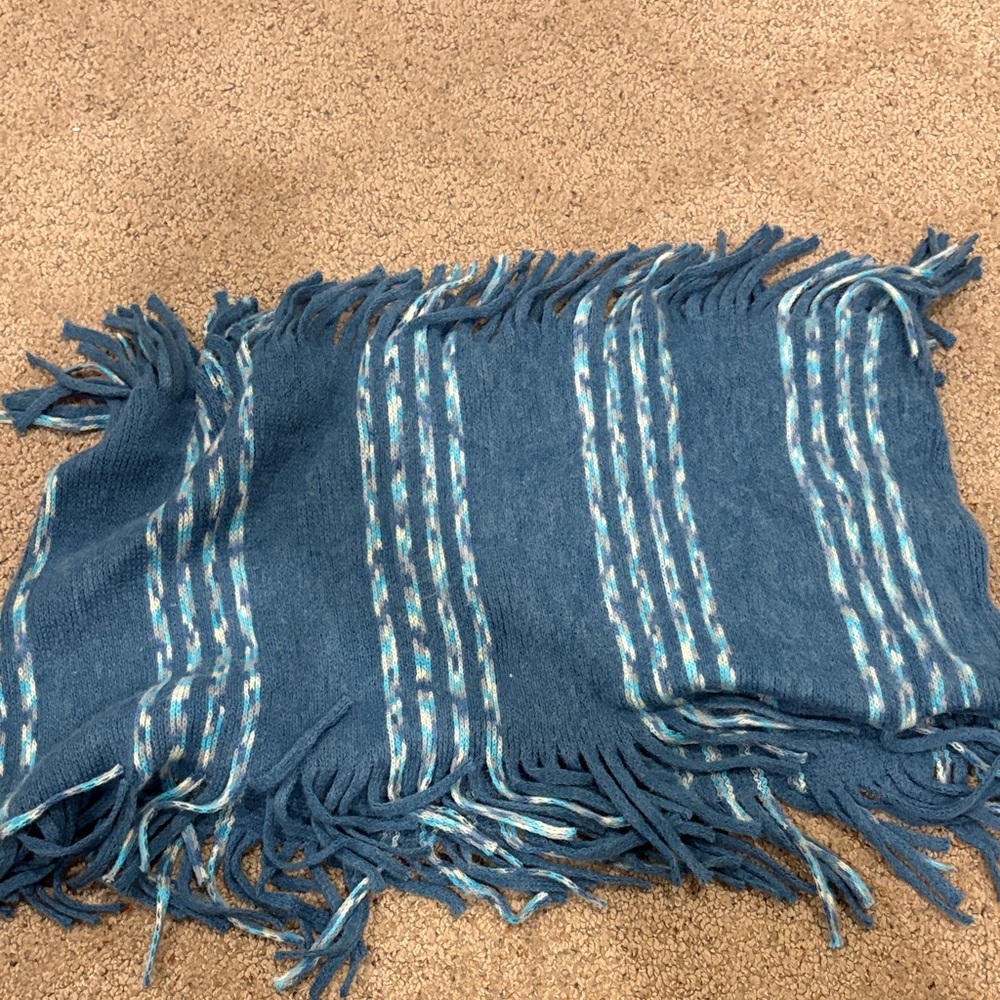 Blue Fringed Infinity Scarf with Striped Pattern